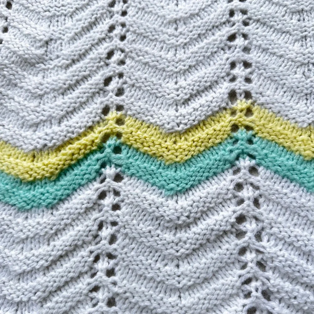Handmade Knit Baby Blanket White Yellow Mint Chevron Ripple Pointelle 50x33